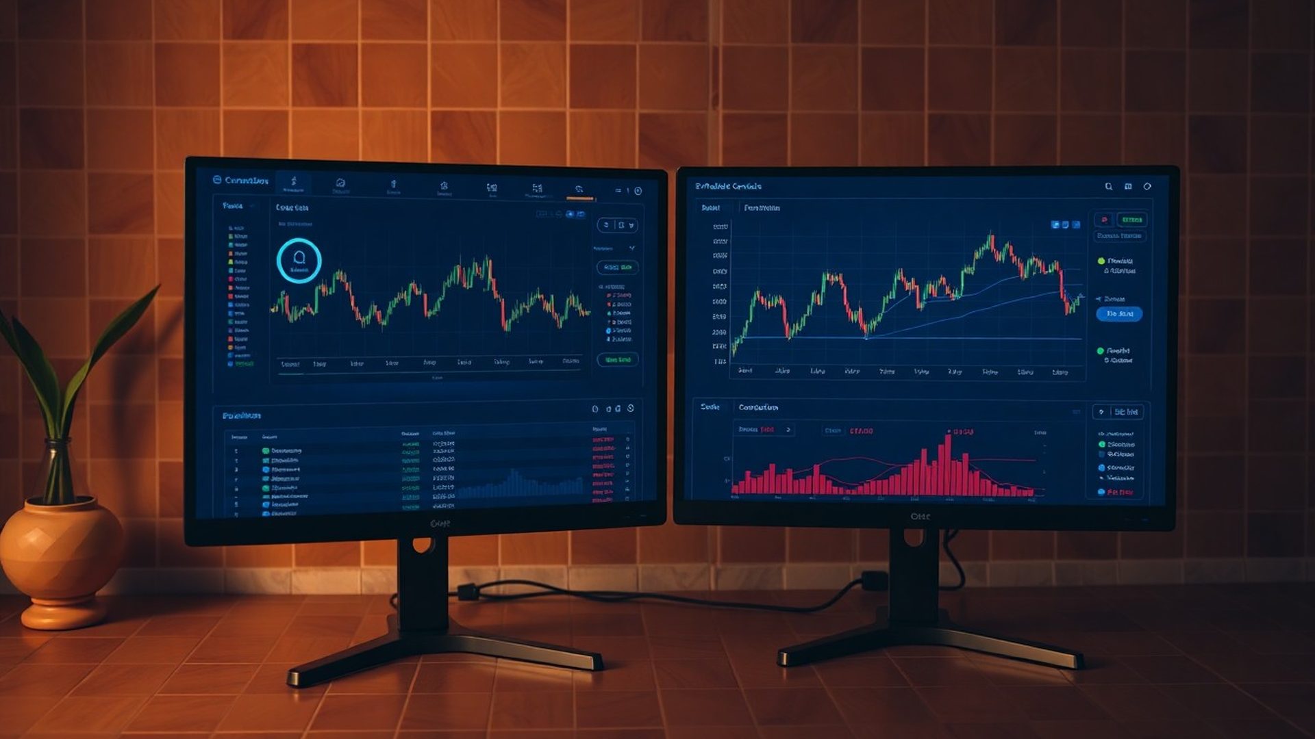 Panel de trading con conexión activa al bróker en tonos índigo